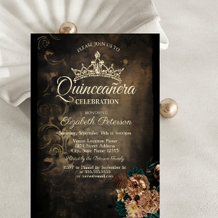 Invitación Flores Marrones Damask Oscuro Gótico Quinceañera