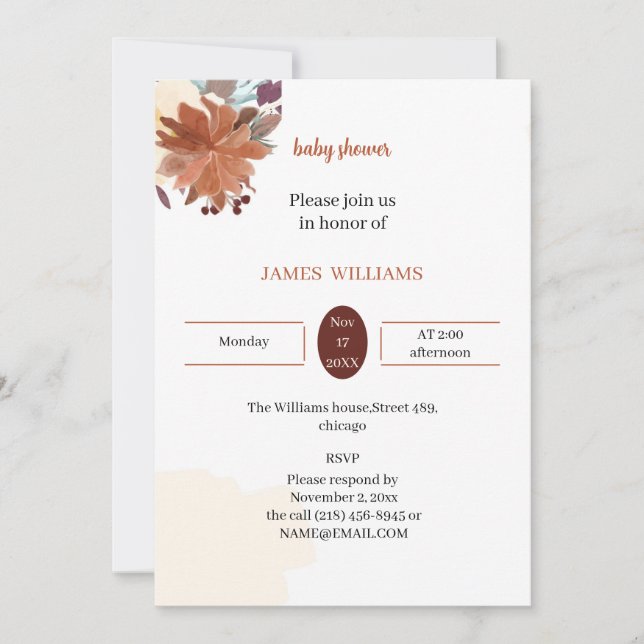 Invitación Flores marrones elegantes Baby Shower personalizad (Anverso)