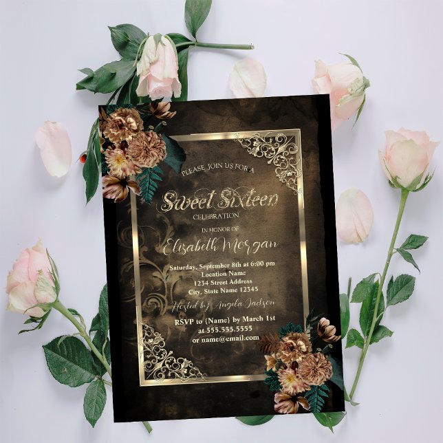 Invitación Flores Marrones Marco Dorado Gótico Dulces 16 (Subido por el creador)