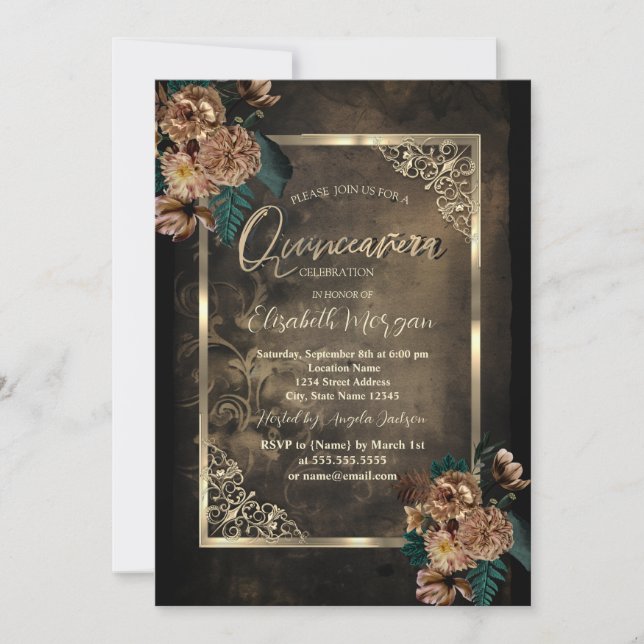 Invitación Flores marrones marco dorado Quinceañera gótica (Anverso)
