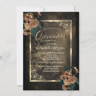 Invitación Flores marrones marco dorado Quinceañera gótica