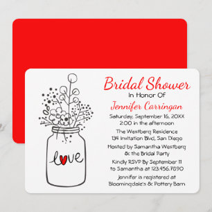 Invitación Flores Mason Jar, una ducha de novia roja rusa
