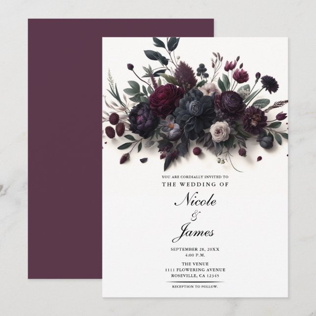 Invitación Flores melancólicas Elegante boda floral (Anverso / Reverso)