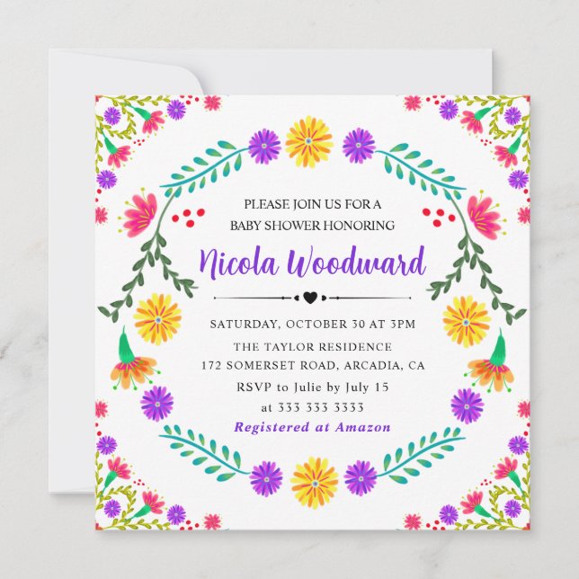 Invitación Flores mexicanas acuarela Fiesta Baby Shower (Anverso)