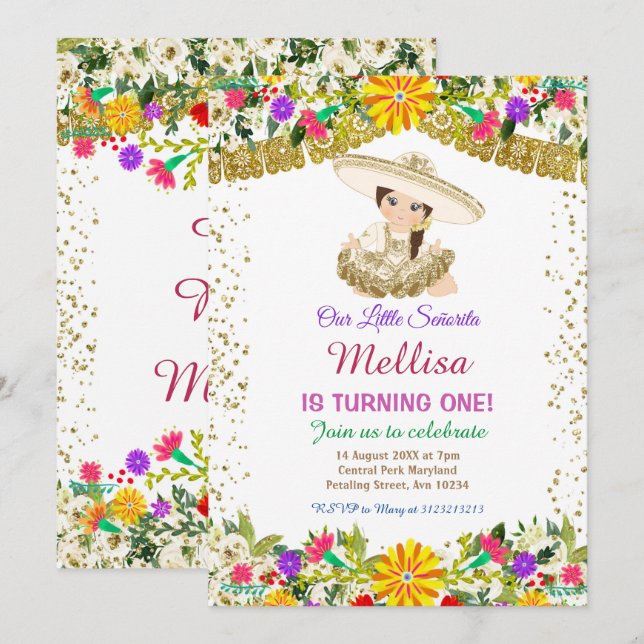 Invitación Flores mexicanas con cumpleaños Purpurina de oro (Anverso / Reverso)