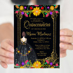 Invitación Flores mexicanas con quinceañera negra de oro<br><div class="desc">Flores mexicanas con oro negro quinceañera Invitación Mis Quince Anos,  15º cumpleaños, </div>