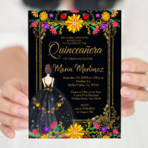 Flores mexicanas con quinceañera negra de oro