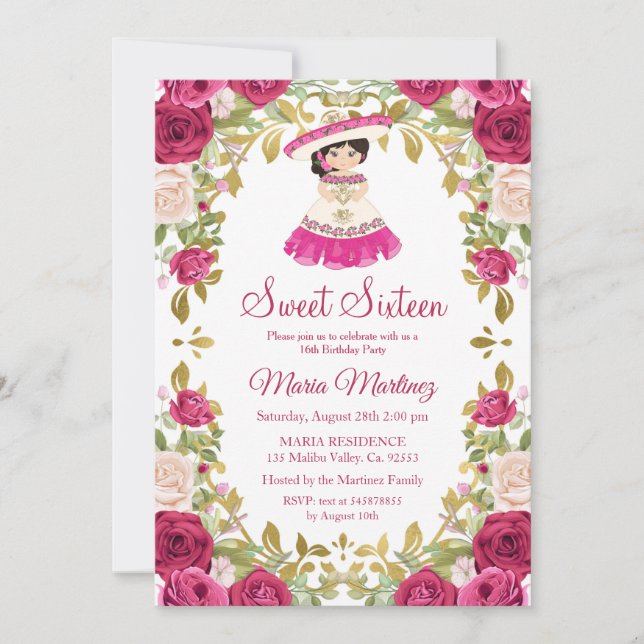 Invitación Flores mexicanas de rosas rosadas dulces 16 cumple (Anverso)
