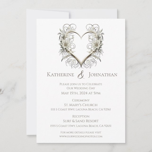 Invitación Flores modernas con un Boda cardíaco (Anverso)