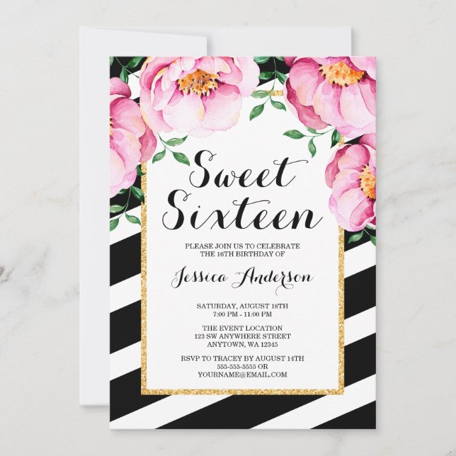 Invitación Flores Modernas de Acuarela Rayas Dulces 16 (Anverso)