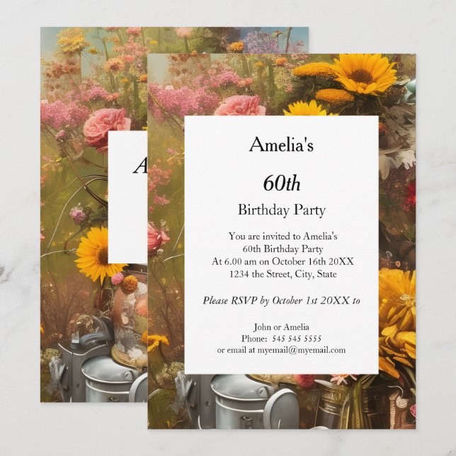 Invitación Flores modernas de la fiesta de cumpleaños de la g (Anverso / Reverso)