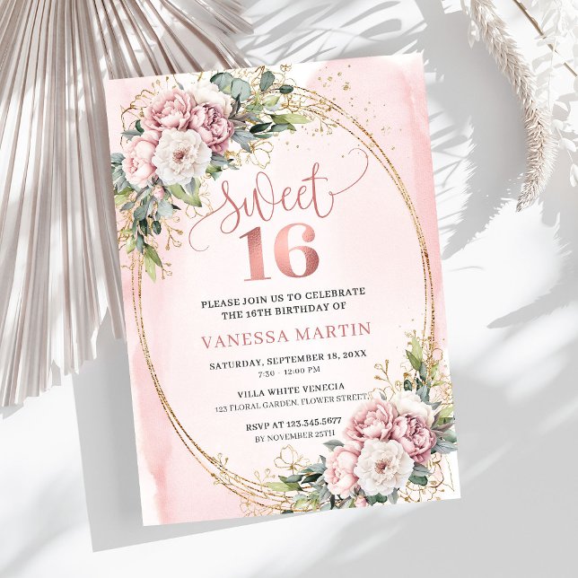 Invitación Flores Modernas de Oro Rosa Eucalipto Cumpleaños 1 (Modern Rose Gold Flowers Eucalyptus 16th Birthday Invitation

)