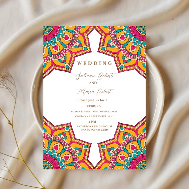 Invitación flores modernas elegantes mandala boda indio (Subido por el creador)