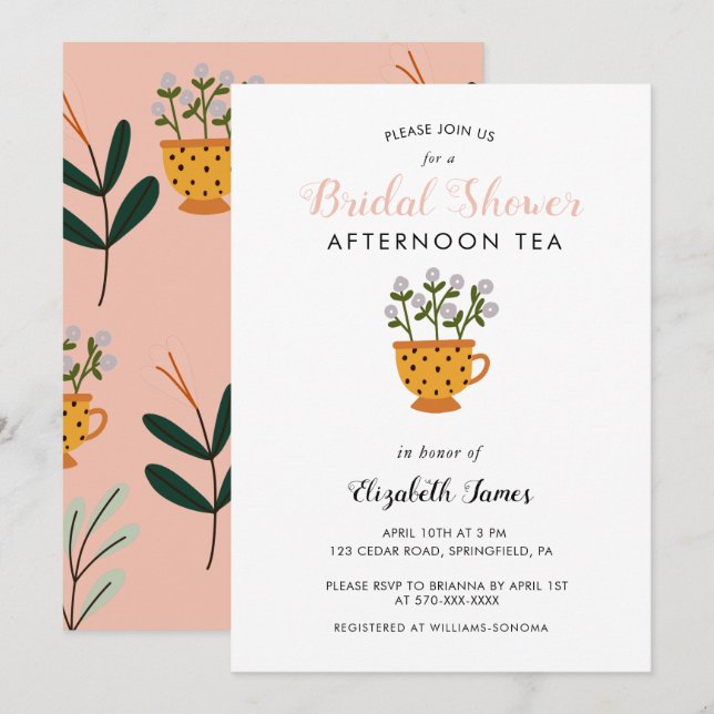 Invitación Flores modernas Fiesta de té con ducha de novia (Anverso / Reverso)