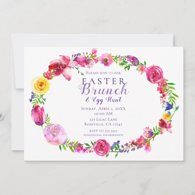 Invitación Flores Modernas Florales de Primavera Rosa y Púrpu (Anverso)