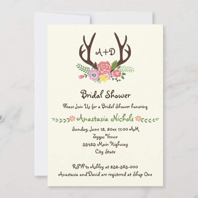 Invitación Flores monogramo boda ducha de novia (Anverso)