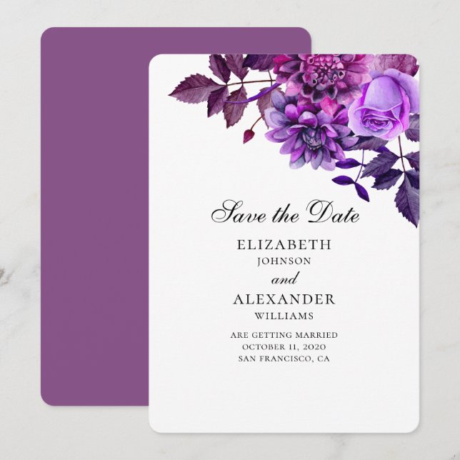 Invitación Flores moradas. acuarela botánica guardar la fecha (Anverso / Reverso)