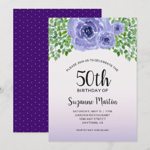 Invitación Flores Moradas Acuarela   Cumpleaños 50