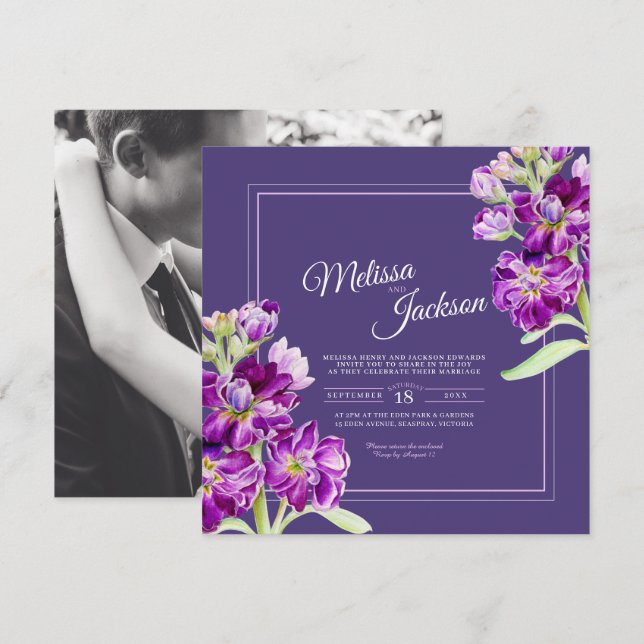 Invitación Flores moradas acuarela y boda fotográfico (Anverso / Reverso)