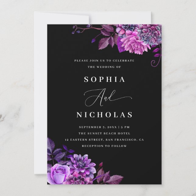 Invitación Flores moradas acuarelas. Boda negro floral (Anverso)