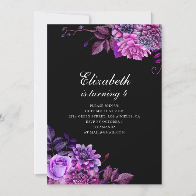 Invitación Flores moradas acuarelas. Fiesta de cumpleaños neg (Anverso)
