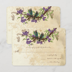Invitación Flores Moradas Aves Vintage Turquesa Boda RSVP