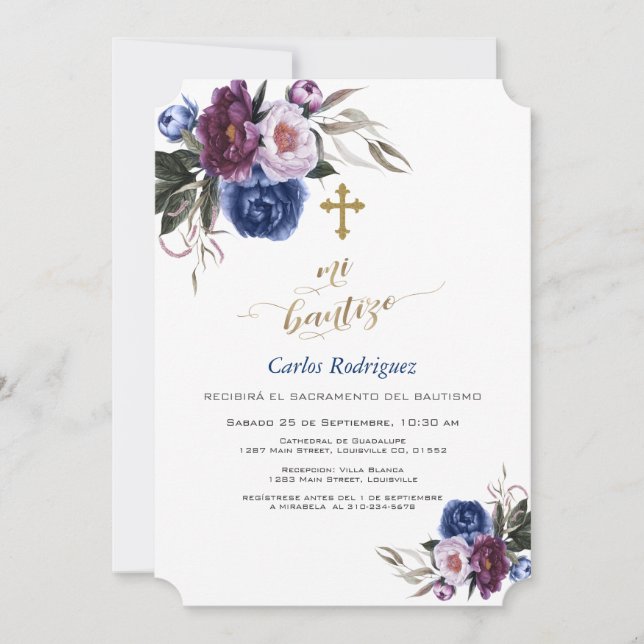 Invitación Flores moradas azules de la marina moderna Mi Baut (Anverso)