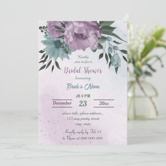 Invitación flores moradas azules ducha de novia botánica (Anverso de pie)