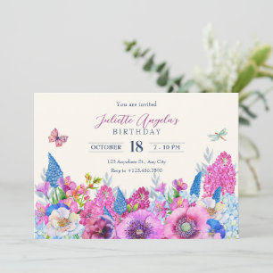 Invitación Flores moradas azules florecen cumpleaños primaver