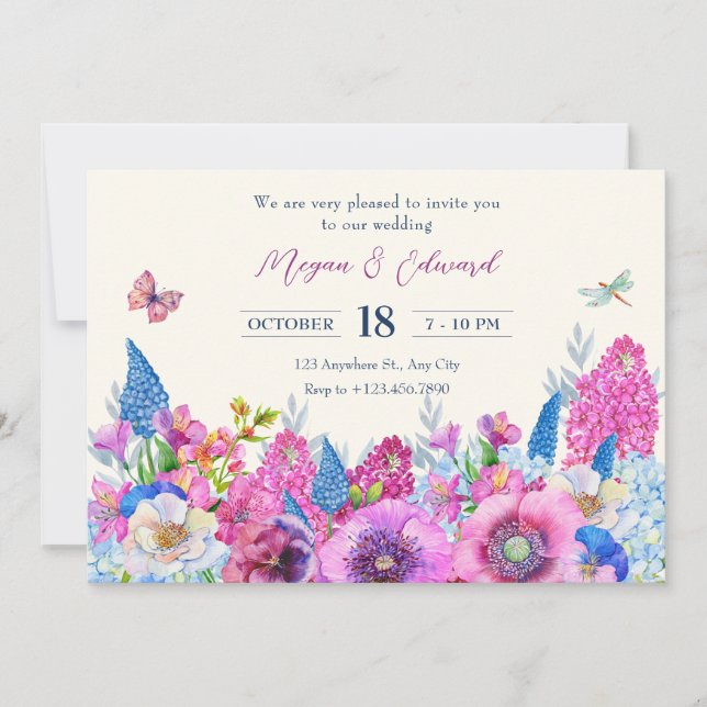 Invitación Flores moradas azules florecen la boda primavera (Anverso)