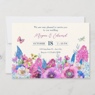 Invitación Flores moradas azules florecen la boda primavera