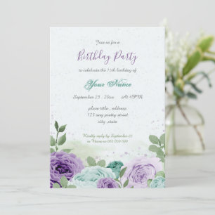 Invitación flores moradas azules hojas verdes cumpleaños