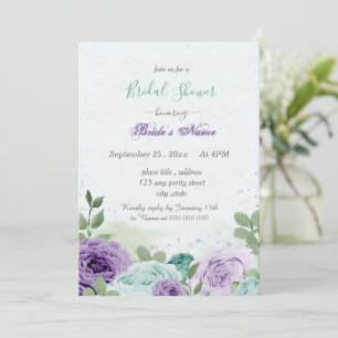 Invitación flores moradas azules hojas verdes ducha de novia
