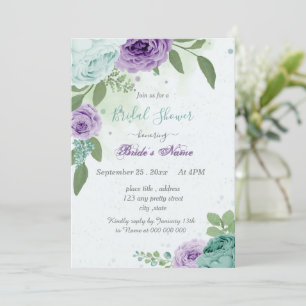 Invitación flores moradas azules hojas verdes ducha de novia