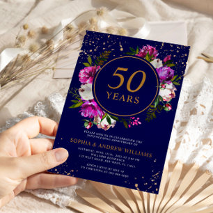 Invitación Flores moradas azules reales 50 años de Boda