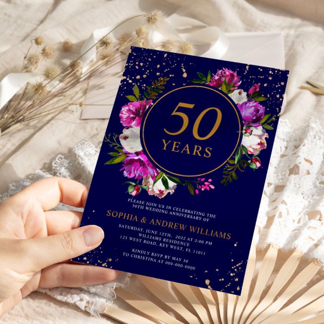 Invitación Flores moradas azules reales 50 años de Boda (Subido por el creador)