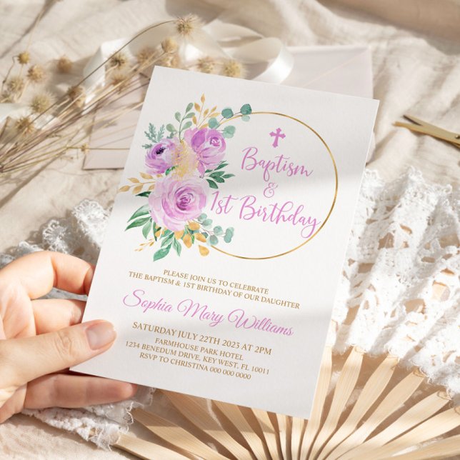 Invitación Flores moradas bautismo y primer cumpleaños (Subido por el creador)