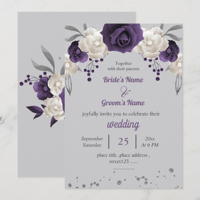Invitación flores moradas blancas boda gris botánico (Anverso / Reverso)