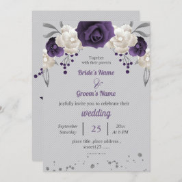 Invitación flores moradas blancas boda gris botánico