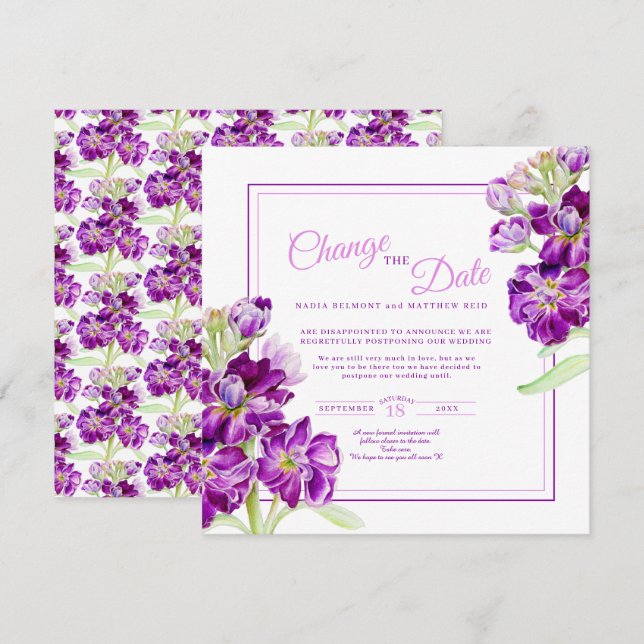Invitación Flores moradas boda de arte cambiar la fecha (Anverso / Reverso)