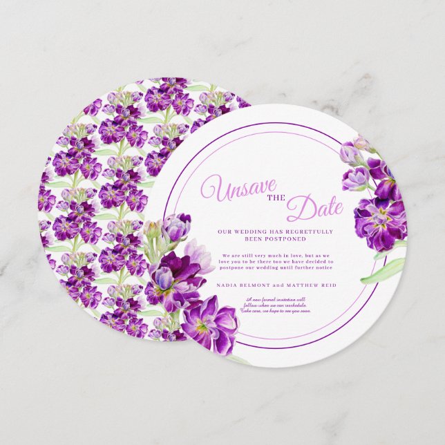 Invitación Flores moradas boda no guardar la ronda de fechas (Anverso / Reverso)