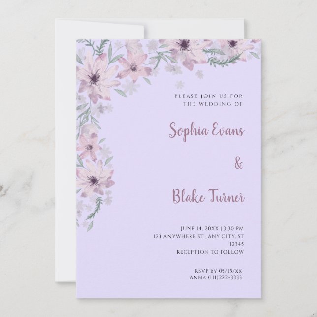 Invitación Flores Moradas Bonitas Bodas Románticas Moradas (Anverso)