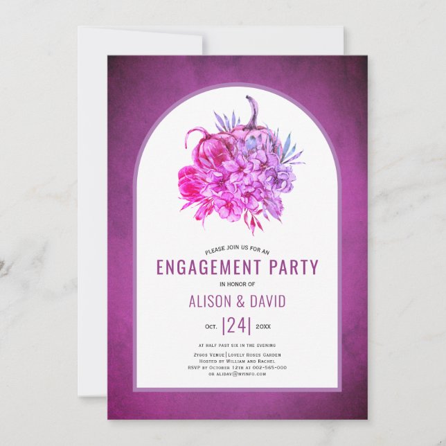 Invitación Flores moradas, calabazas boda fiesta de compromis (Anverso)