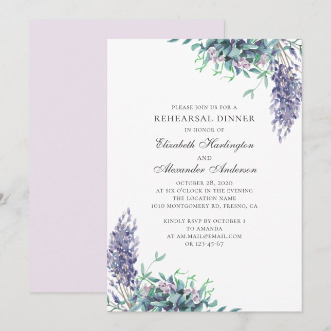 Invitación Flores moradas. Cena de ensayo floral. Lavanda (Anverso / Reverso)