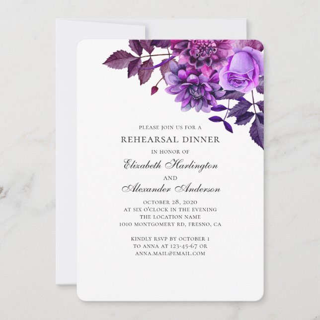 Invitación Flores moradas. Cena violeta de ensayo floral (Anverso)