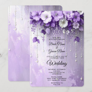 Invitación Flores Moradas con Perlas Colgantes Boda