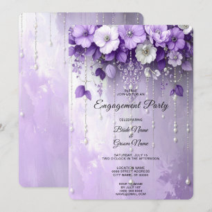 Invitación Flores Moradas con Perlas Colgantes de Compromiso