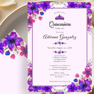Invitación Flores Moradas Cumpleaños 15 Quinceañera