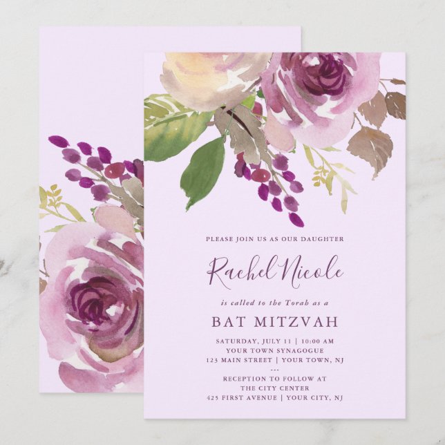 Invitación Flores moradas de bonito | Bat Mitzvah (Anverso / Reverso)