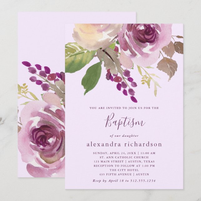 Invitación Flores moradas de bonito | Bautismo sagrado (Anverso / Reverso)